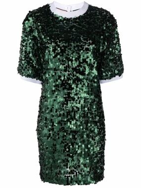Plan C Sequin Short Sleeve Shift Dress in Dark Green Size M L US 8/10 44